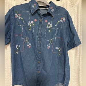 Denim button up with floral embroidery!